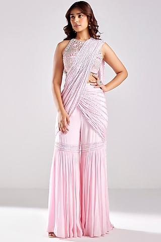 Blush Pink Tulle & Crepe Embroidered Draped Gharara Pant Saree Set by DiyaRajvvir