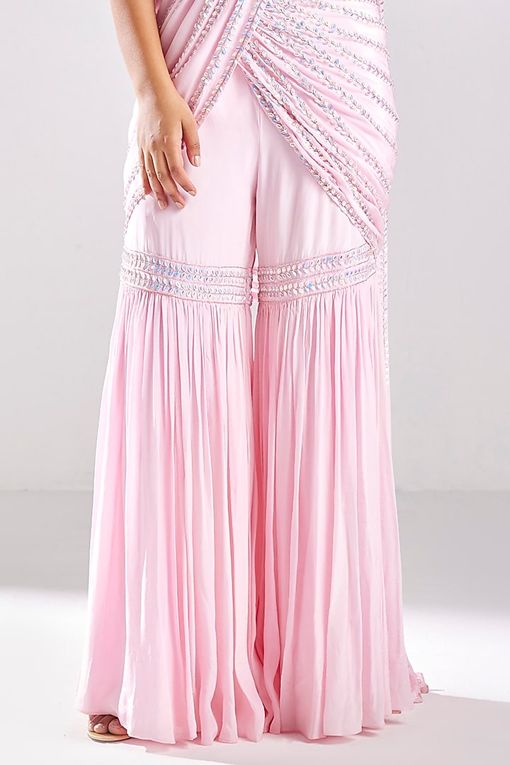 Blush Pink Tulle & Crepe Embroidered Draped Gharara Pant Wedding Saree Set by DiyaRajvvir at Pernia's Pop Up Shop