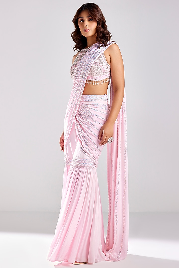 Blush Pink Tulle & Crepe Embroidered Draped Gharara Pant Wedding Saree Set by DiyaRajvvir at Pernia's Pop Up Shop