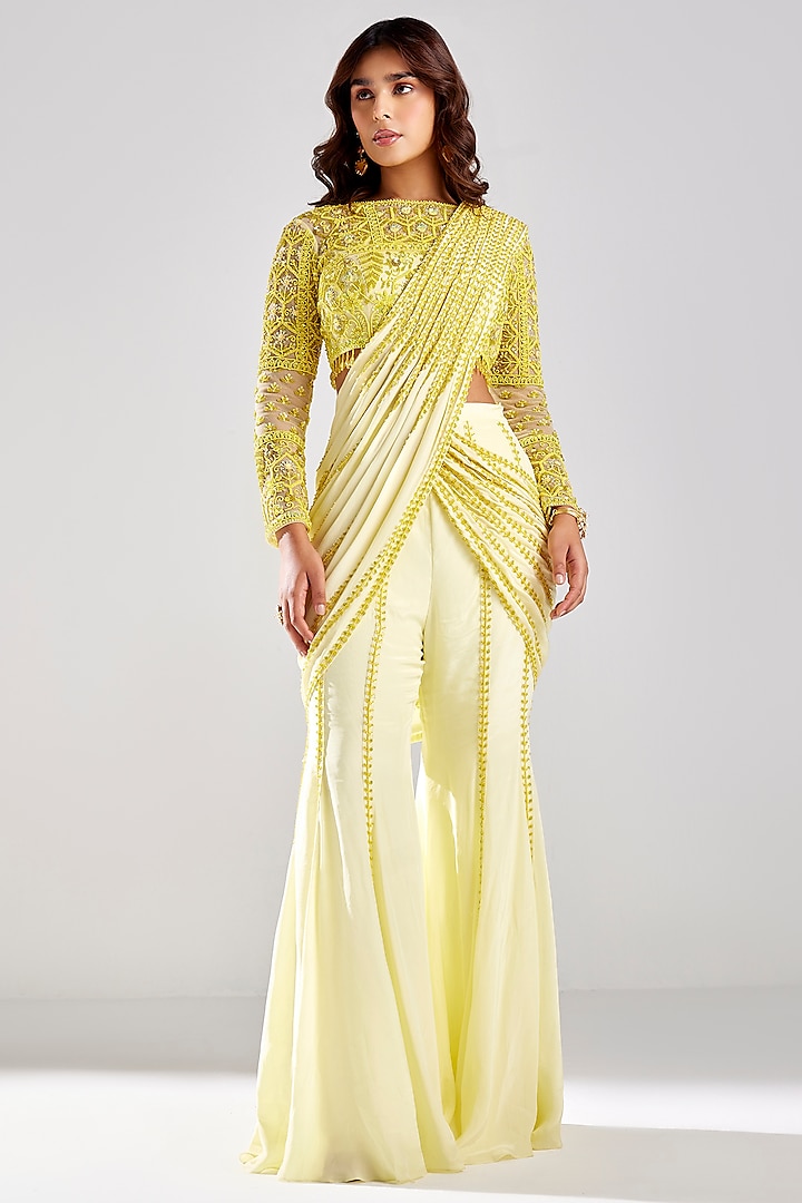 Pastel Yellow Tulle Embroidered Draped Gharara Pant Saree Set by DiyaRajvvir at Pernia's Pop Up Shop