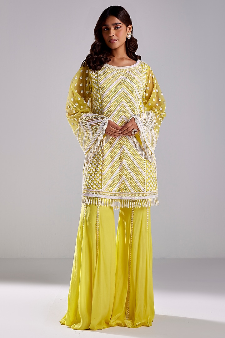 Canary Yellow Tulle & Crepe Chevron Embroidered Kurta Set by DiyaRajvvir at Pernia's Pop Up Shop