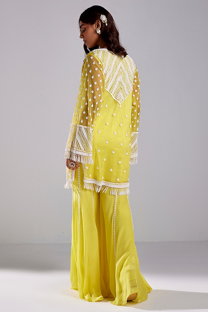 Canary Yellow Tulle & Crepe Chevron Embroidered Kurta Set by DiyaRajvvir at Pernia's Pop Up Shop