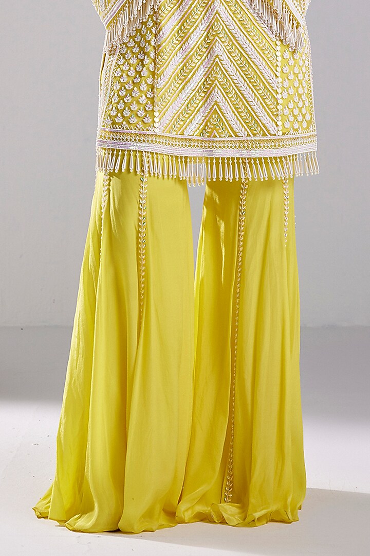 Canary Yellow Tulle & Crepe Chevron Embroidered Kurta Set by DiyaRajvvir at Pernia's Pop Up Shop