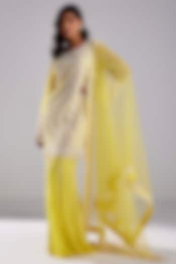 Canary Yellow Tulle & Crepe Chevron Embroidered Kurta Set by DiyaRajvvir at Pernia's Pop Up Shop