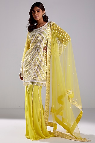 Canary Yellow Tulle & Crepe Chevron Embroidered Kurta Set by DiyaRajvvir