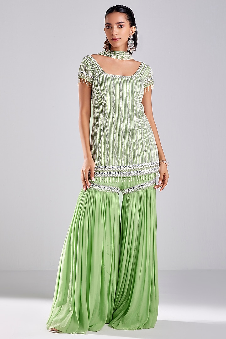 Green Tulle & Crepe Gharara Set by DiyaRajvvir at Pernia's Pop Up Shop