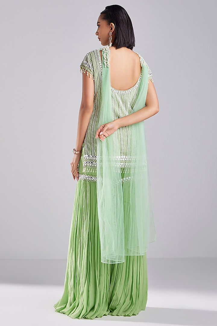 Green Tulle & Crepe Gharara Set by DiyaRajvvir at Pernia's Pop Up Shop