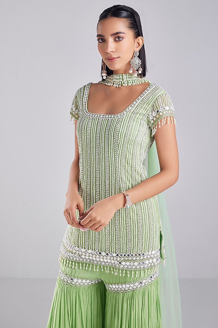 Green Tulle & Crepe Gharara Set by DiyaRajvvir at Pernia's Pop Up Shop