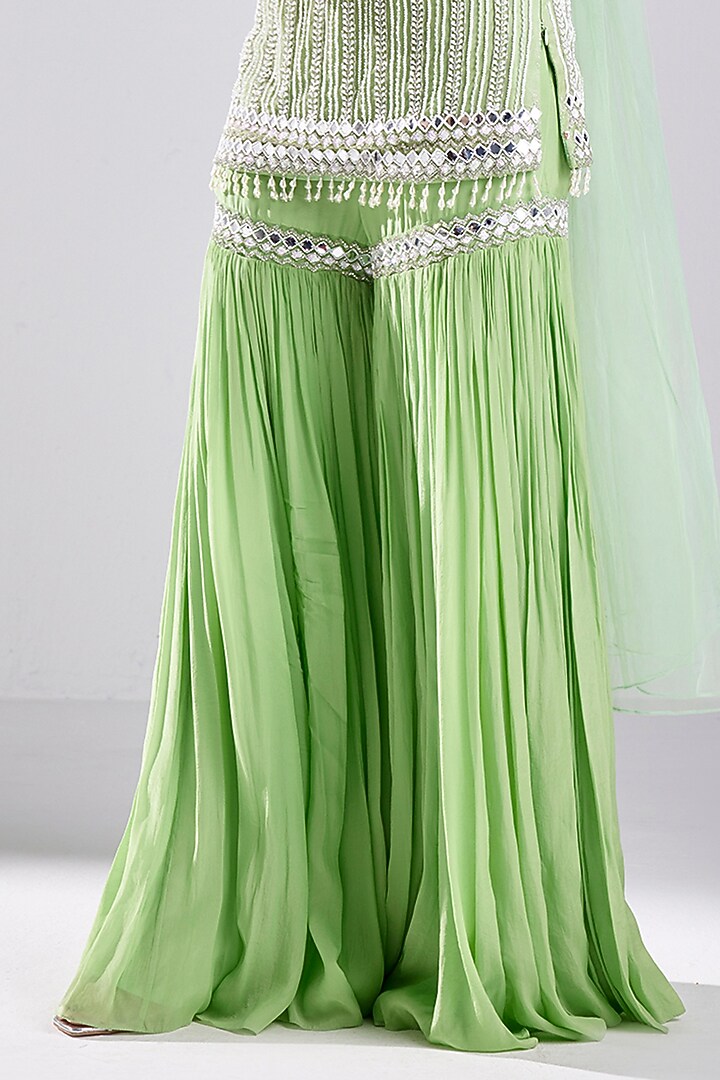 Green Tulle & Crepe Gharara Set by DiyaRajvvir at Pernia's Pop Up Shop