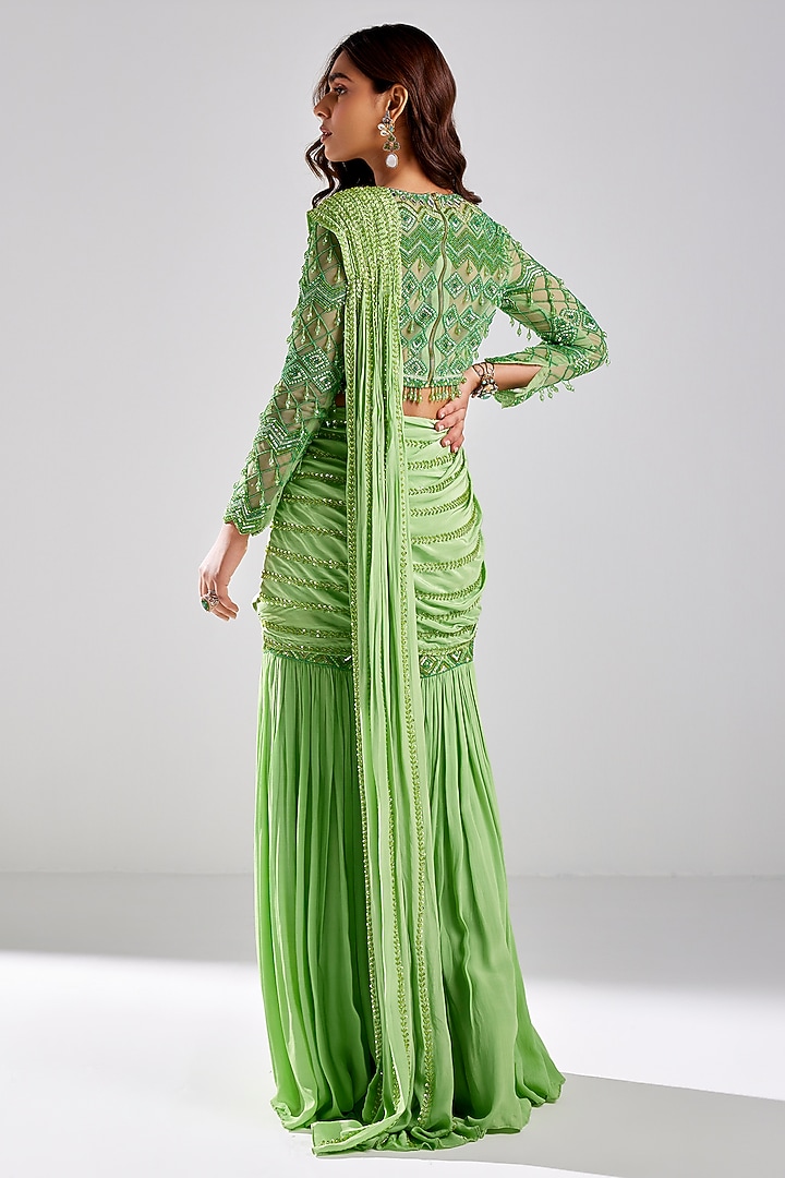 Green Tulle & Crepe Draped Gharara Pant Wedding Saree Set by DiyaRajvvir at Pernia's Pop Up Shop