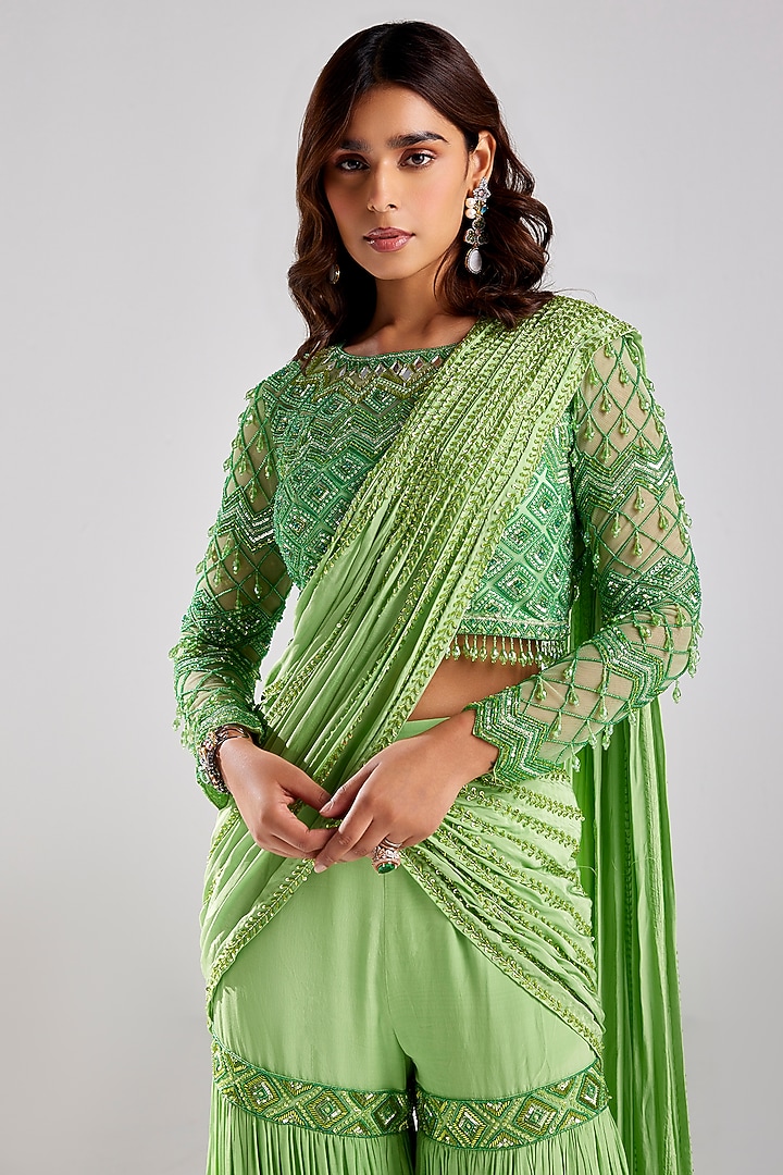 Green Tulle & Crepe Draped Gharara Pant Wedding Saree Set by DiyaRajvvir at Pernia's Pop Up Shop