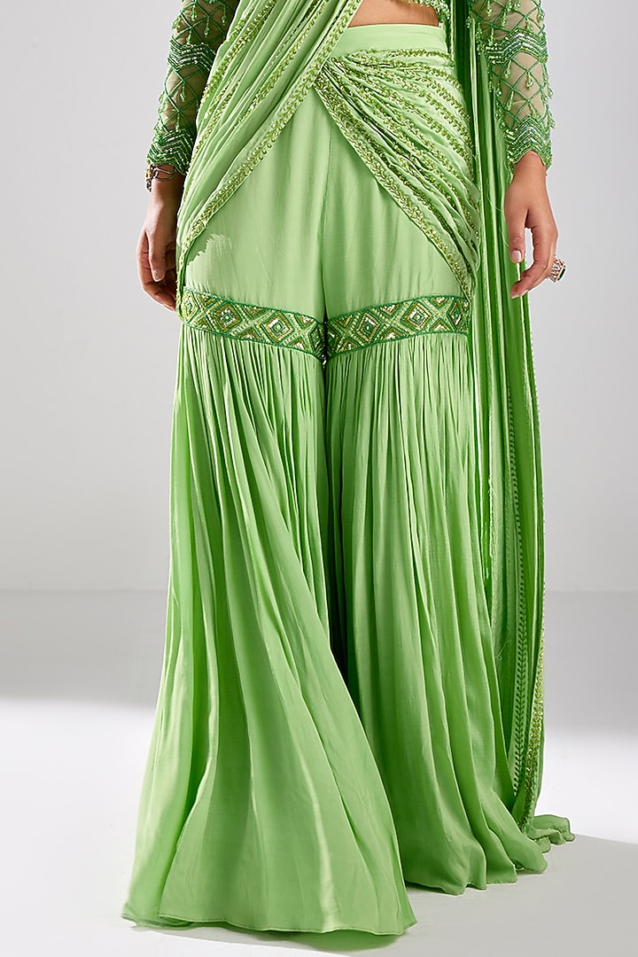 Green Tulle & Crepe Draped Gharara Pant Wedding Saree Set by DiyaRajvvir at Pernia's Pop Up Shop