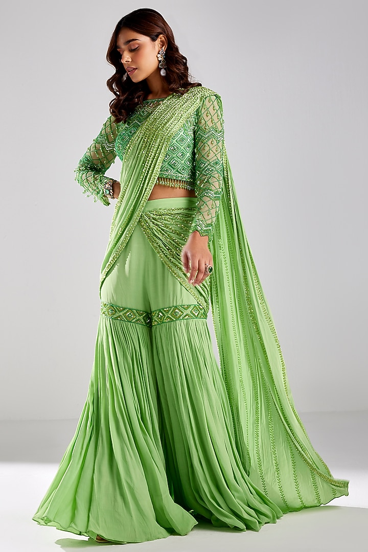 Green Tulle & Crepe Draped Gharara Pant Wedding Saree Set by DiyaRajvvir at Pernia's Pop Up Shop