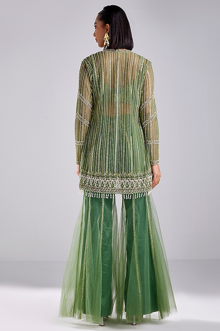 Sage Green Tulle Pearl Embroidered Paneled Jacket Set by DiyaRajvvir at Pernia's Pop Up Shop