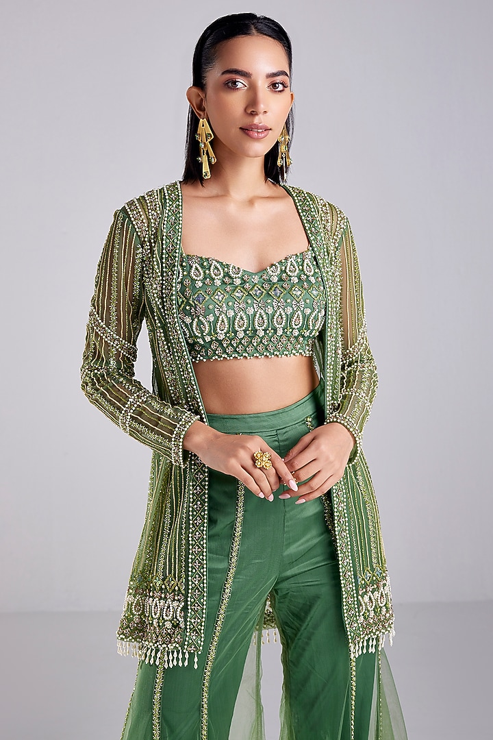 Sage Green Tulle Pearl Embroidered Paneled Jacket Set by DiyaRajvvir at Pernia's Pop Up Shop