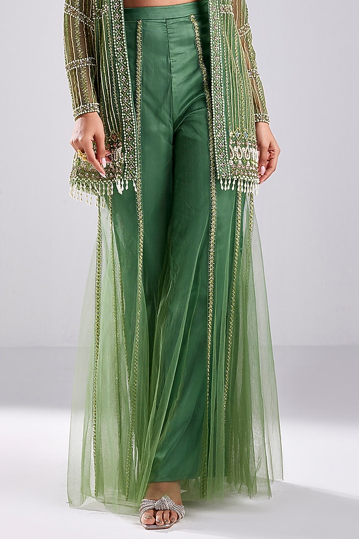 Sage Green Tulle Pearl Embroidered Paneled Jacket Set by DiyaRajvvir at Pernia's Pop Up Shop