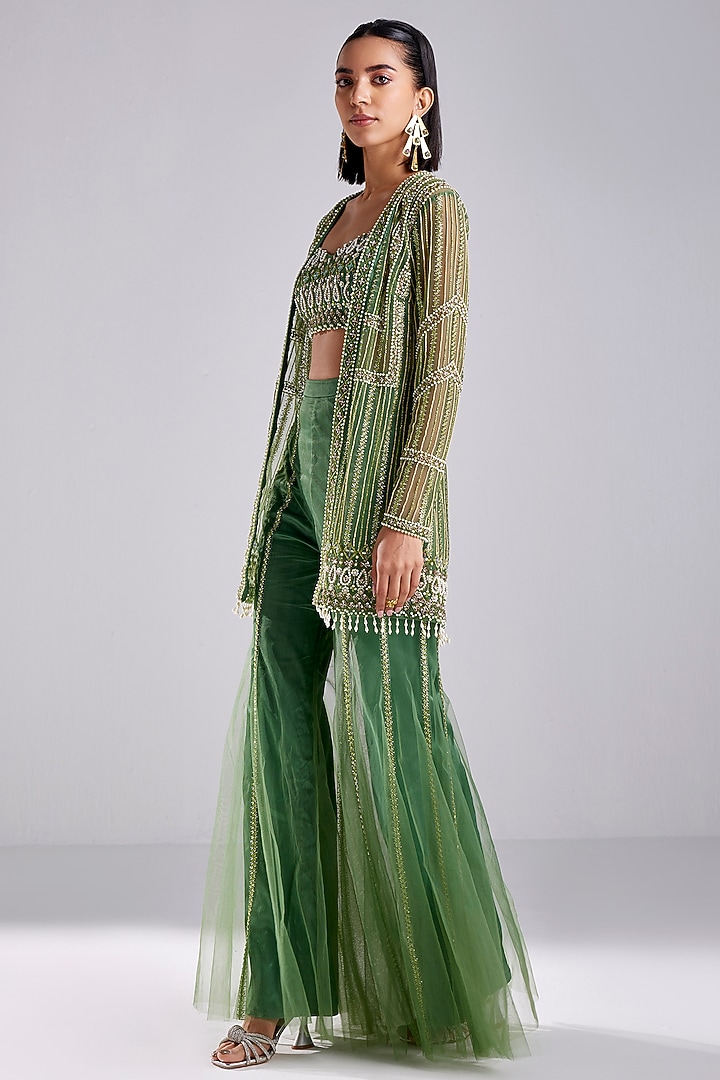 Sage Green Tulle Pearl Embroidered Paneled Jacket Set by DiyaRajvvir at Pernia's Pop Up Shop