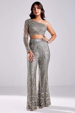 Grey Tulle Embellished Pant Set by DiyaRajvvir
