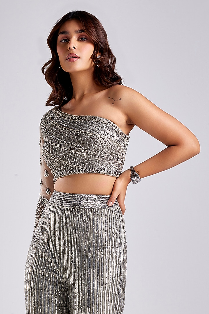 Grey Tulle Embellished Pant Set by DiyaRajvvir at Pernia's Pop Up Shop