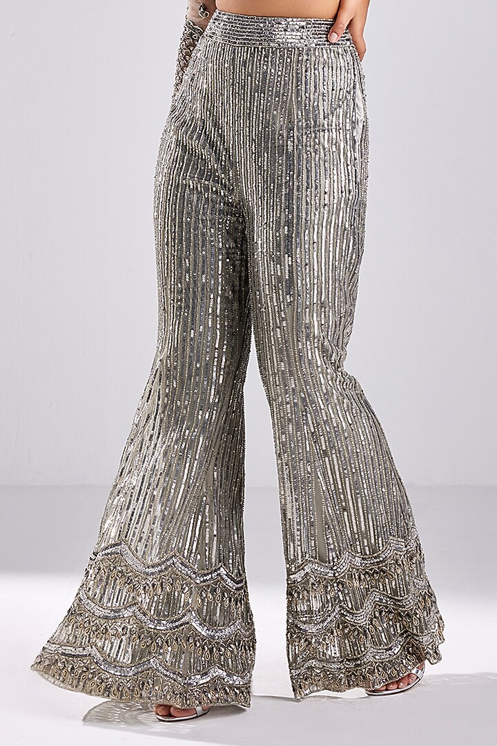 Grey Tulle Embellished Pant Set by DiyaRajvvir at Pernia's Pop Up Shop