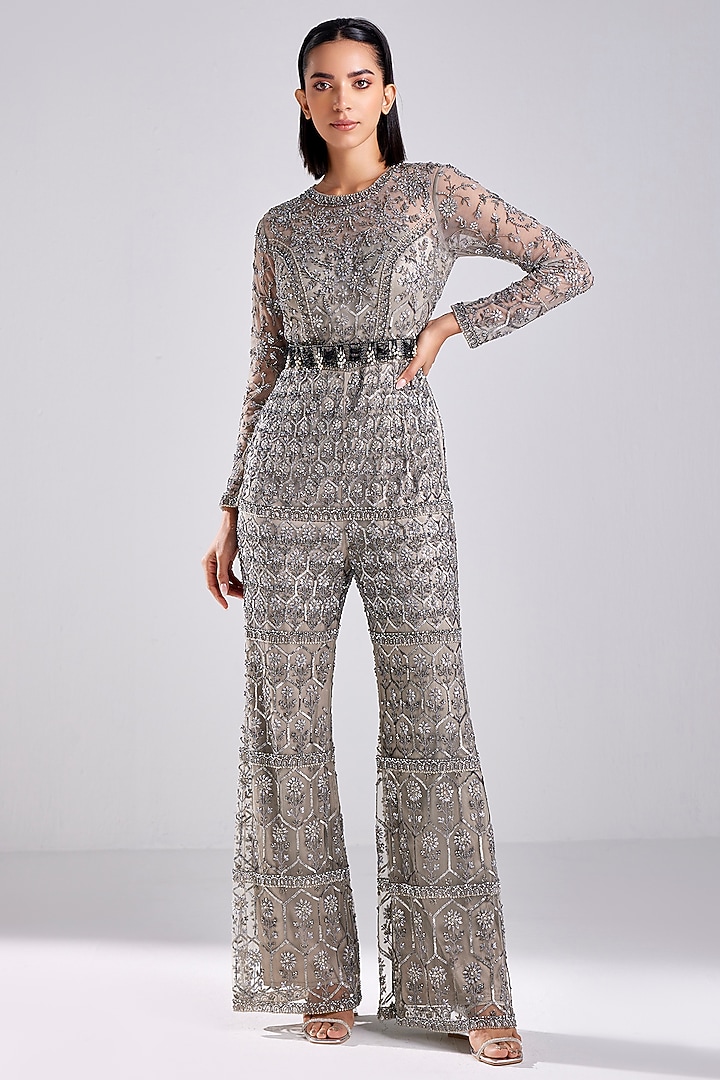 Grey Tulle Embellished Jumpsuit by DiyaRajvvir at Pernia's Pop Up Shop