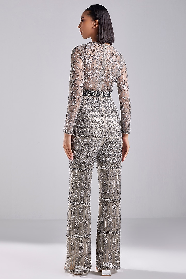 Grey Tulle Embellished Jumpsuit by DiyaRajvvir at Pernia's Pop Up Shop