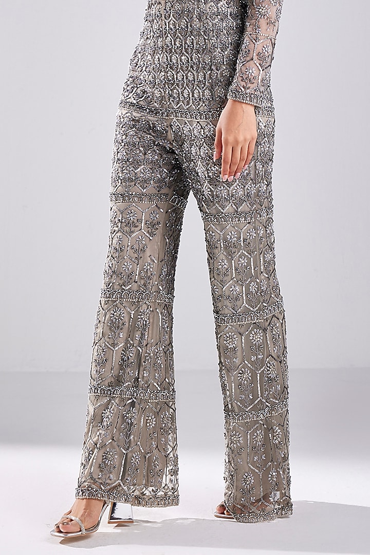 Grey Tulle Embellished Jumpsuit by DiyaRajvvir at Pernia's Pop Up Shop