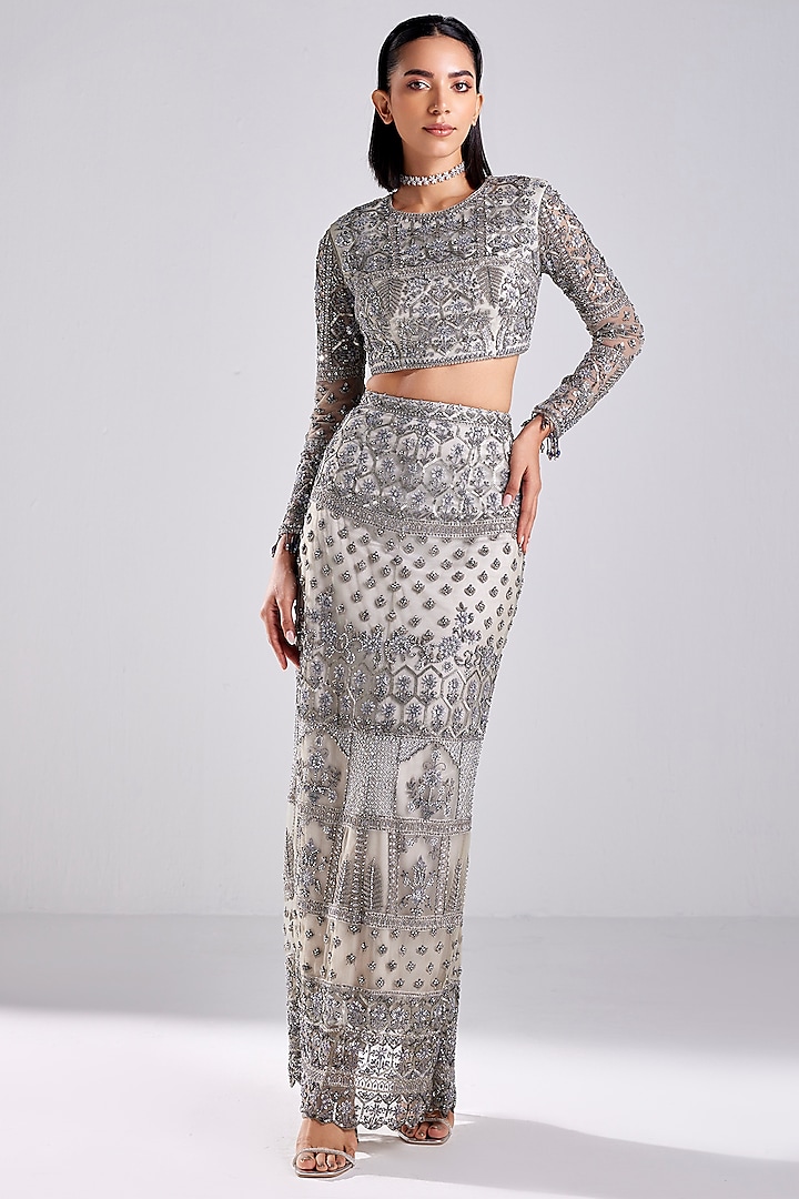 Grey Tulle Embellished Pencil Skirt Set by DiyaRajvvir at Pernia's Pop Up Shop