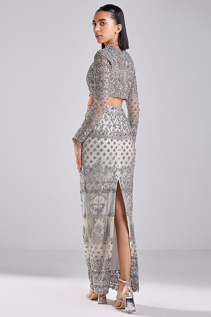 Grey Tulle Embellished Pencil Skirt Set by DiyaRajvvir at Pernia's Pop Up Shop