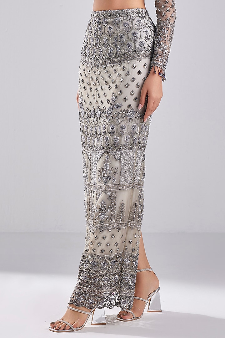 Grey Tulle Embellished Pencil Skirt Set by DiyaRajvvir at Pernia's Pop Up Shop