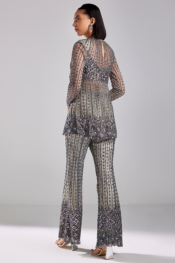 Grey Tulle Embellished Pant Set by DiyaRajvvir at Pernia's Pop Up Shop