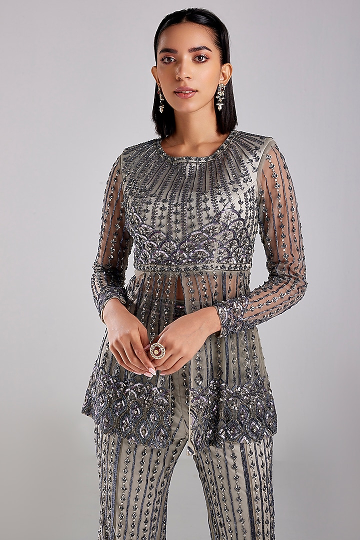 Grey Tulle Embellished Pant Set by DiyaRajvvir at Pernia's Pop Up Shop