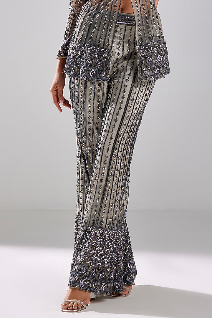 Grey Tulle Embellished Pant Set by DiyaRajvvir at Pernia's Pop Up Shop