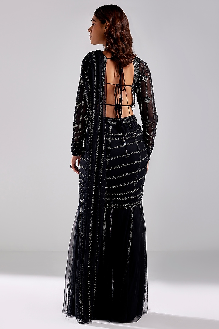 Black Tulle & Crepe Embroidered Draped Pant Wedding Saree Set by DiyaRajvvir at Pernia's Pop Up Shop