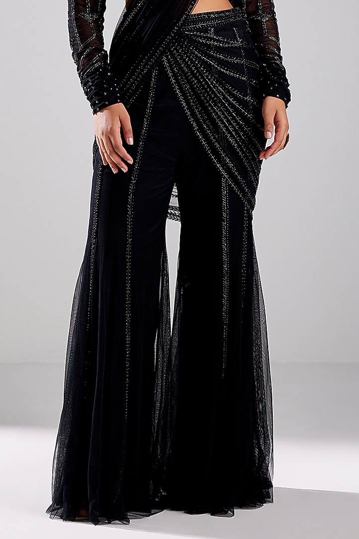 Black Tulle & Crepe Embroidered Draped Pant Wedding Saree Set by DiyaRajvvir at Pernia's Pop Up Shop