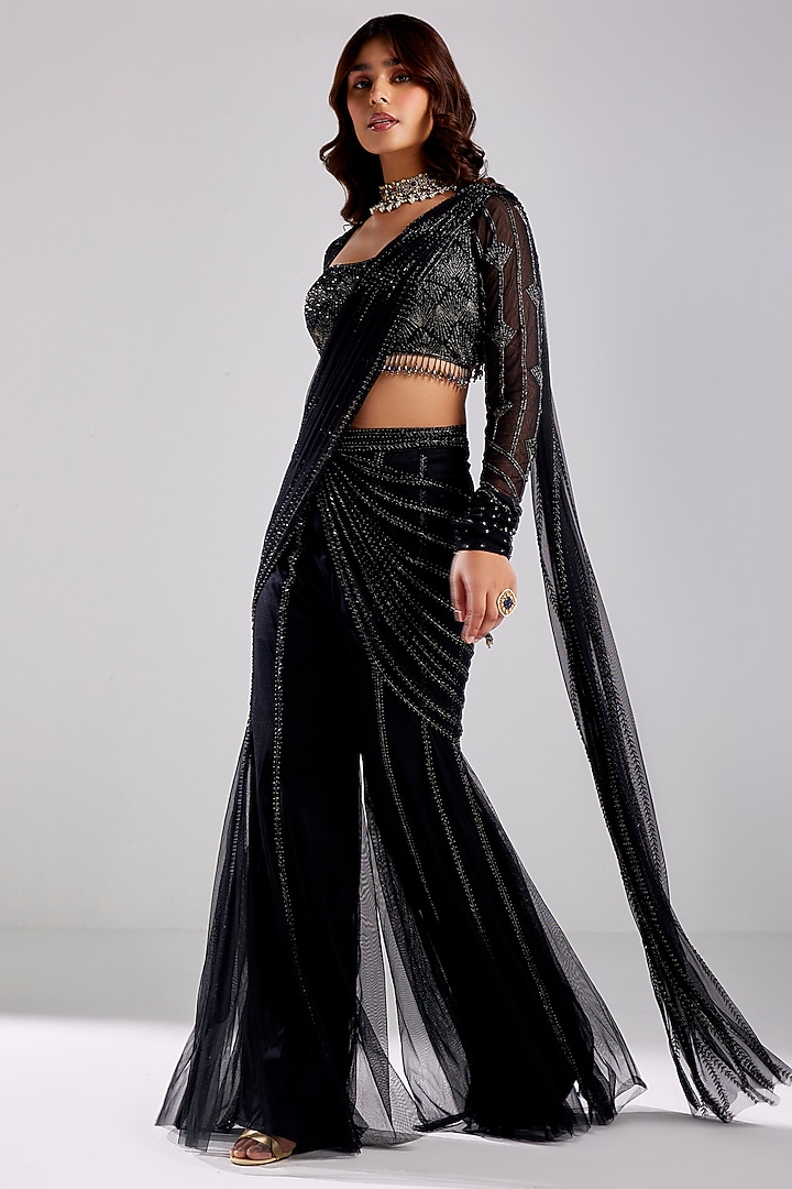 Black Tulle & Crepe Embroidered Draped Pant Wedding Saree Set by DiyaRajvvir at Pernia's Pop Up Shop