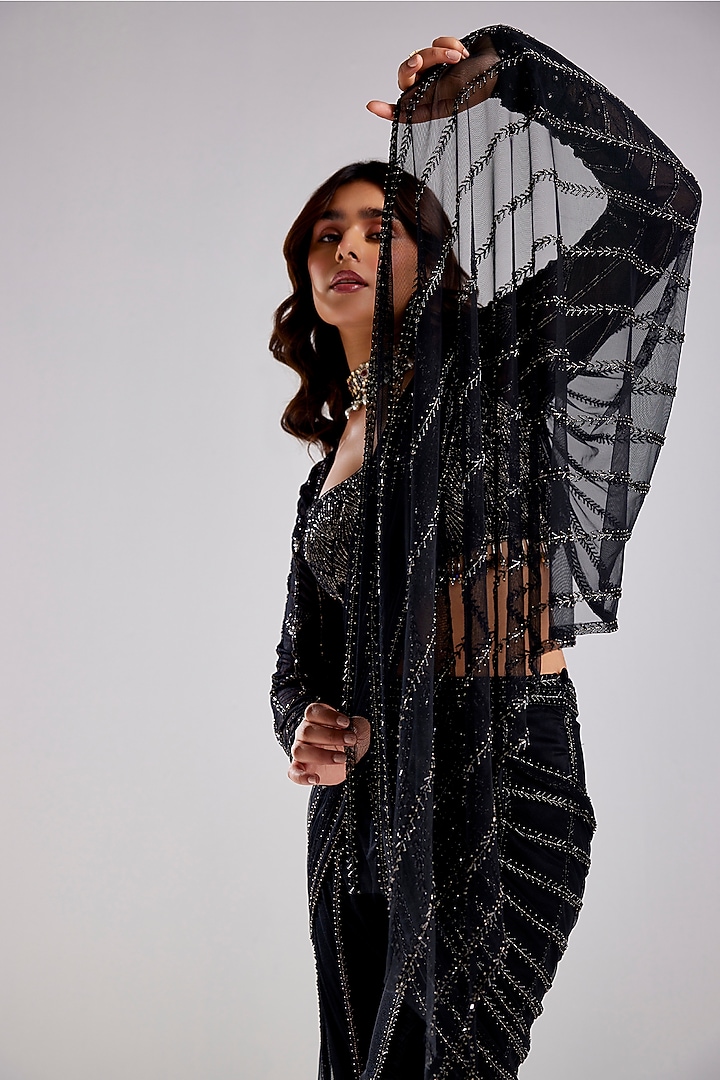 Black Tulle & Crepe Embroidered Draped Pant Wedding Saree Set by DiyaRajvvir at Pernia's Pop Up Shop