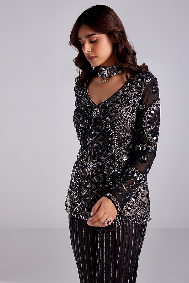 Black Tulle Embroidered Jacket Set by DiyaRajvvir at Pernia's Pop Up Shop