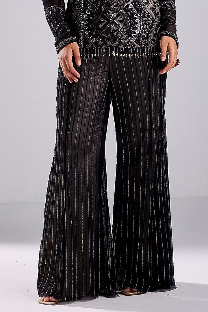 Black Tulle Embroidered Jacket Set by DiyaRajvvir at Pernia's Pop Up Shop