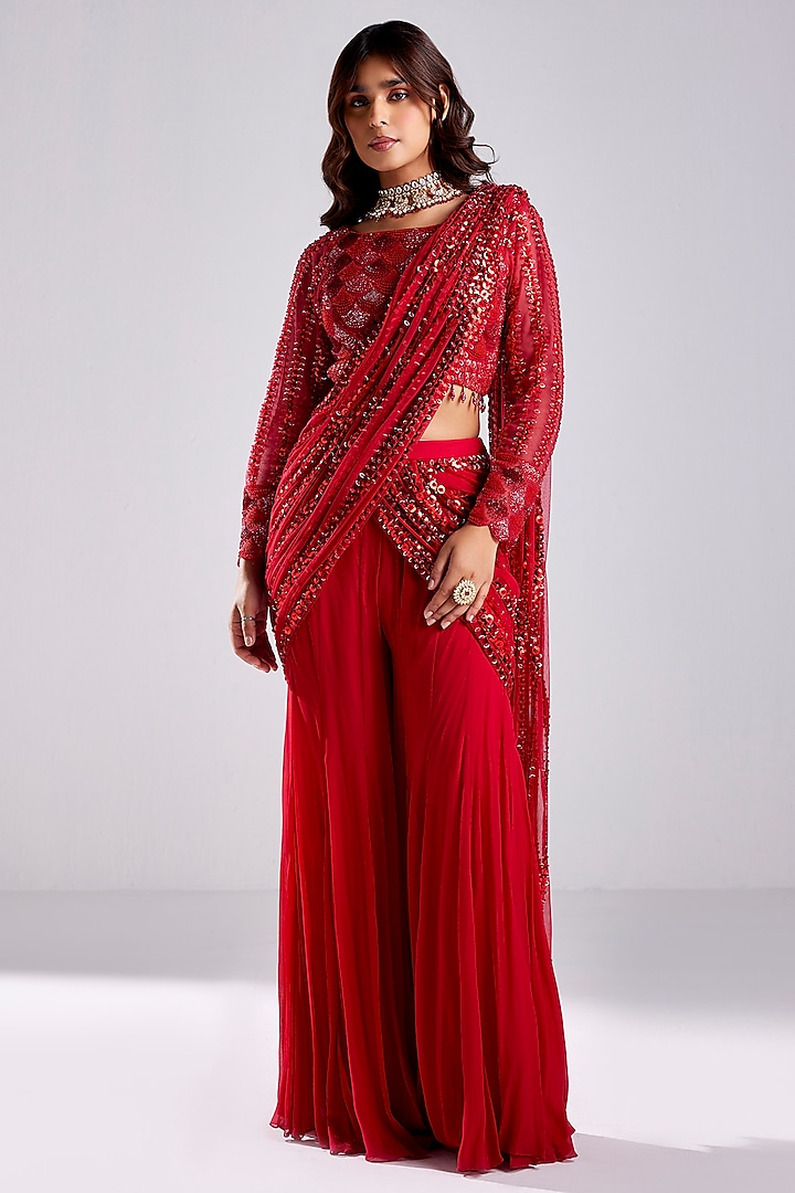 Crimson Red Tulle & Georgette Embroidered Draped Pant Saree Set by DiyaRajvvir at Pernia's Pop Up Shop