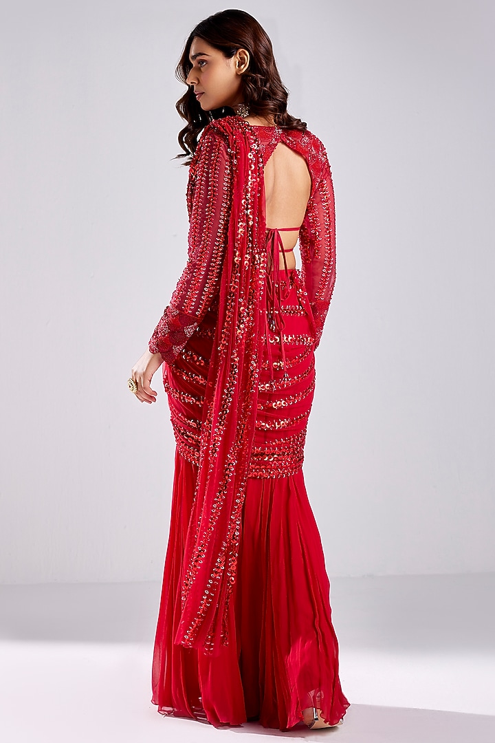 Crimson Red Tulle & Georgette Embroidered Draped Pant Wedding Saree Set by DiyaRajvvir at Pernia's Pop Up Shop