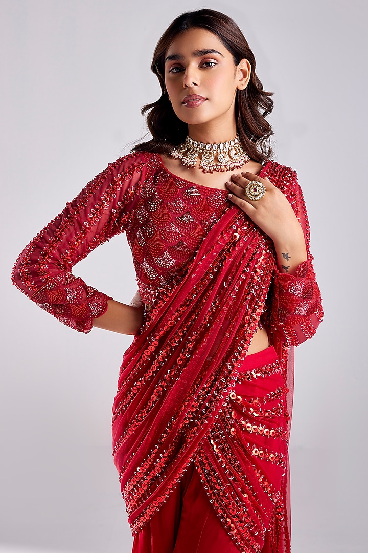 Crimson Red Tulle & Georgette Embroidered Draped Pant Wedding Saree Set by DiyaRajvvir at Pernia's Pop Up Shop