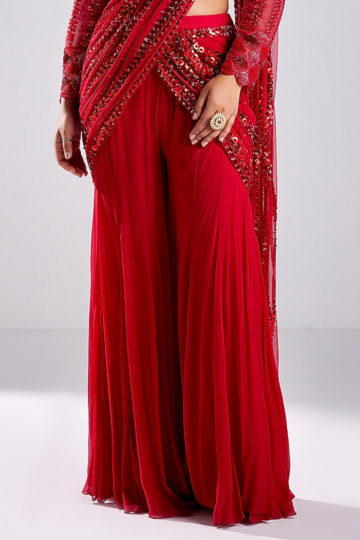 Crimson Red Tulle & Georgette Embroidered Draped Pant Wedding Saree Set by DiyaRajvvir at Pernia's Pop Up Shop