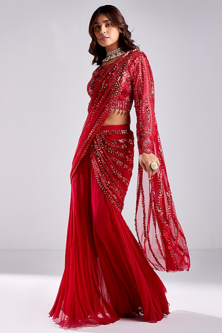 Crimson Red Tulle & Georgette Embroidered Draped Pant Wedding Saree Set by DiyaRajvvir at Pernia's Pop Up Shop