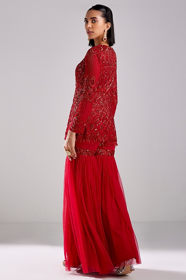 Crimson Red Tulle Embroidered Gharara Set by DiyaRajvvir at Pernia's Pop Up Shop