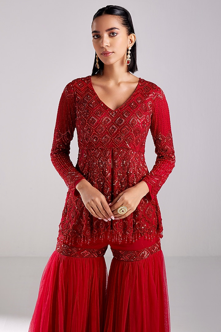 Crimson Red Tulle Embroidered Gharara Set by DiyaRajvvir at Pernia's Pop Up Shop