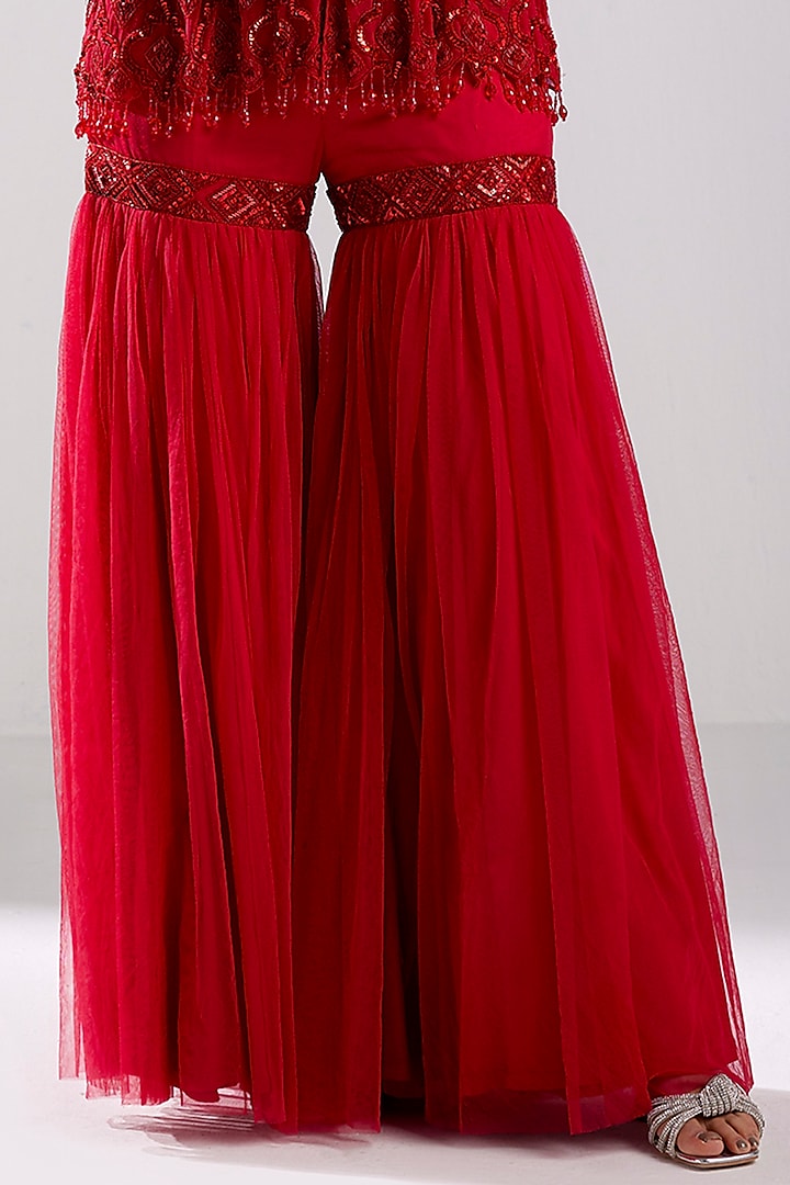 Crimson Red Tulle Embroidered Gharara Set by DiyaRajvvir at Pernia's Pop Up Shop