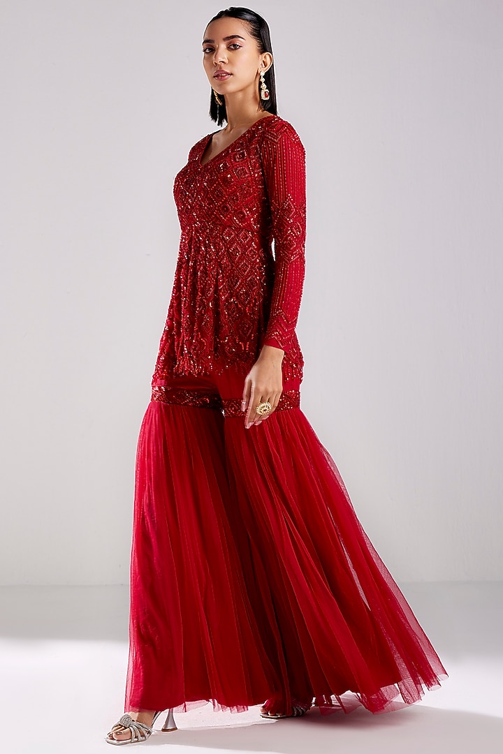 Crimson Red Tulle Embroidered Gharara Set by DiyaRajvvir at Pernia's Pop Up Shop