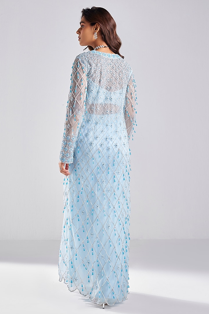 Aqua Blue Tulle Cutdana & Pearl Embroidered Jacket Set by DiyaRajvvir at Pernia's Pop Up Shop