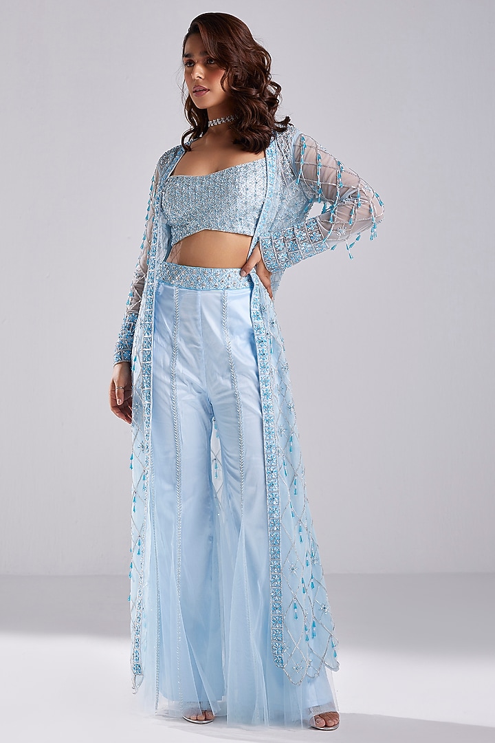 Aqua Blue Tulle Cutdana & Pearl Embroidered Jacket Set by DiyaRajvvir at Pernia's Pop Up Shop